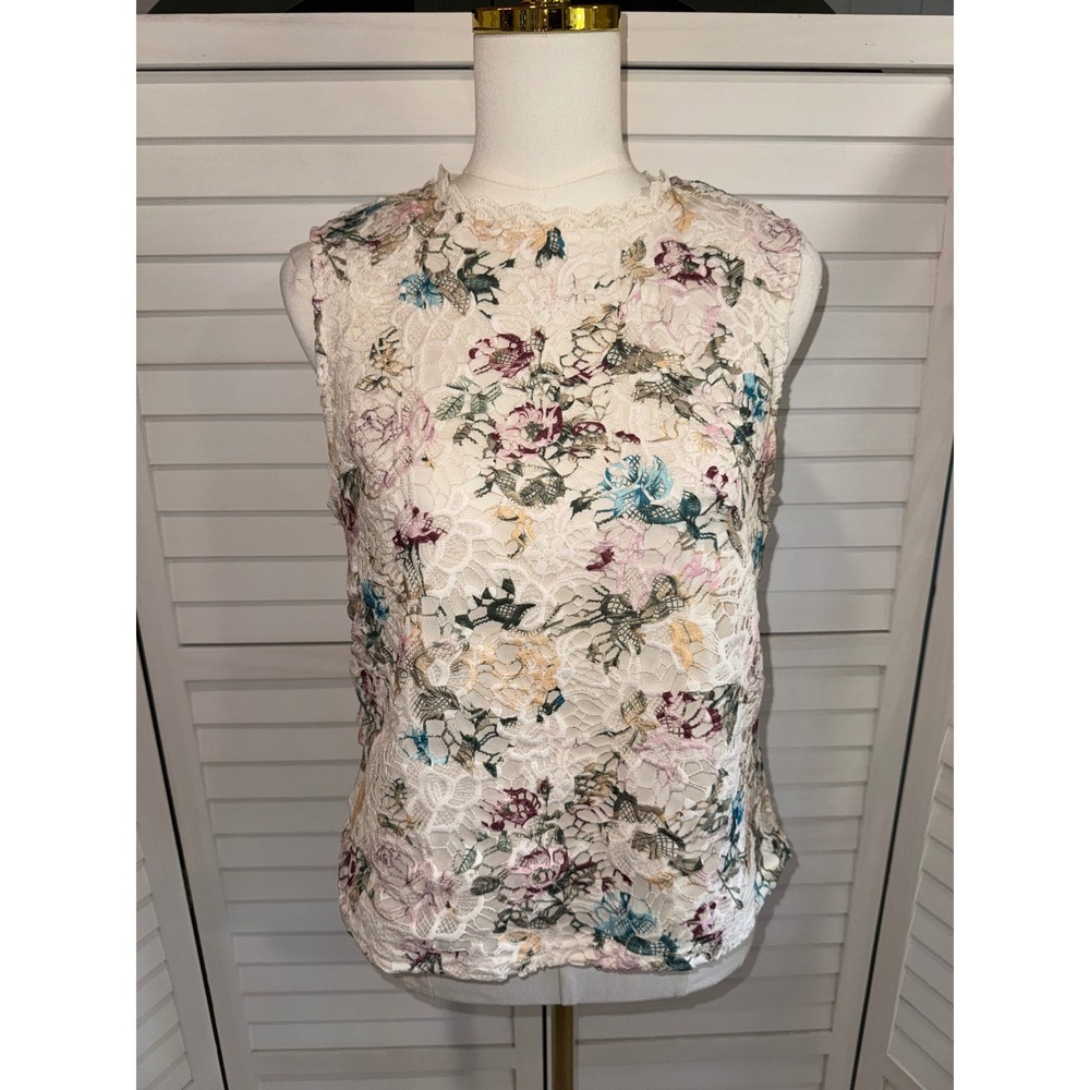 Nanette Lepore Floral Lace Top Womens Ivory Sleeveless Back Zip Shell Size M - Picture 2 of 7